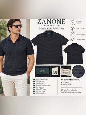 Zanone Men’s Navy Striped Knit Polo Shirt Size 56 Italy 100% Cotton Short Sleeve